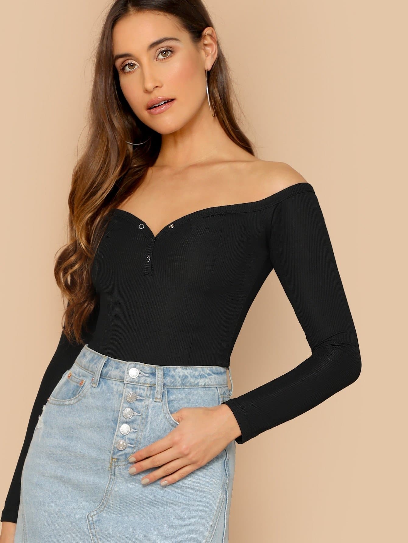 Off Shoulder Press Buttoned Front Rib-knit Bardot Tee Top