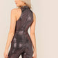 Coffee Color Stand Collar Mock-Neck Metallic Fitted Tank Jumpsuit