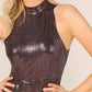 Coffee Color Stand Collar Mock-Neck Metallic Fitted Tank Jumpsuit