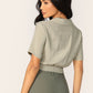 Grey Short Sleeve Surplice Twist V-Neck Elastic Hem Crop Top