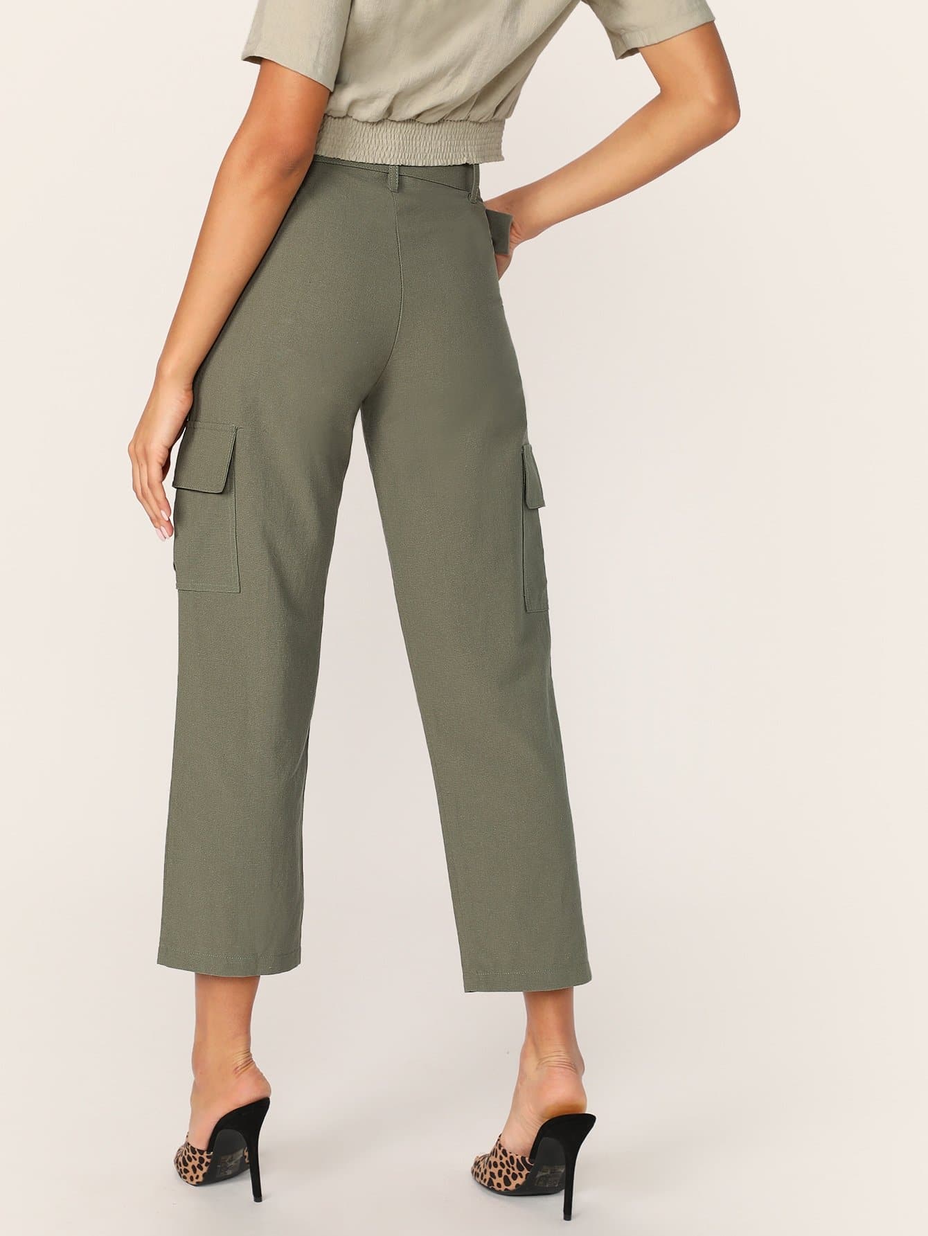 Green Belted Waist Side Cargo Pocket Pants