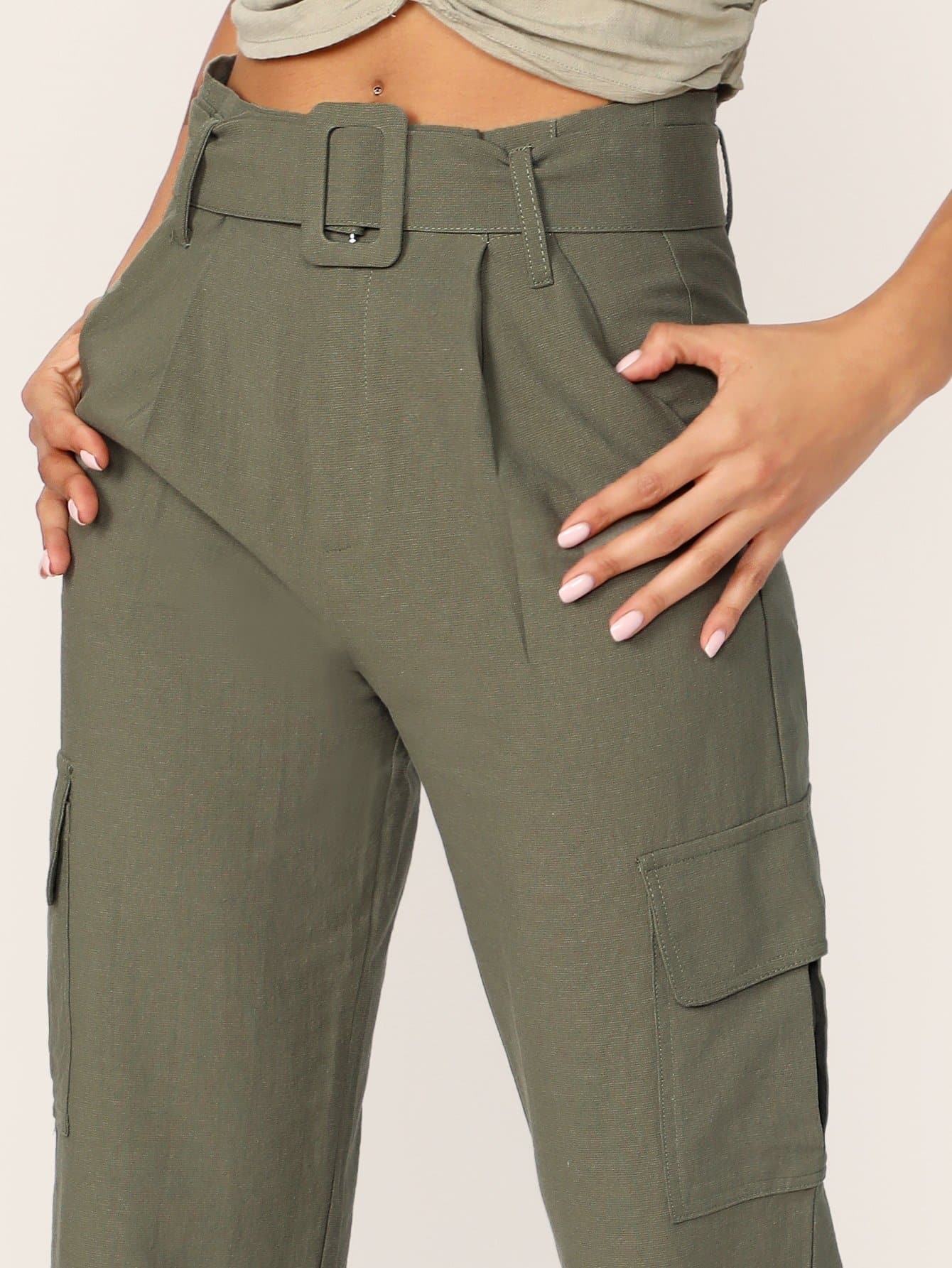 Green Belted Waist Side Cargo Pocket Pants
