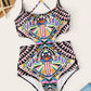 Geometric Spaghetti Strap Tribal Print Crisscross Lace-Up One-Piece Swimsuit