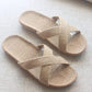 Khaki Cross Strap Linen Slippers