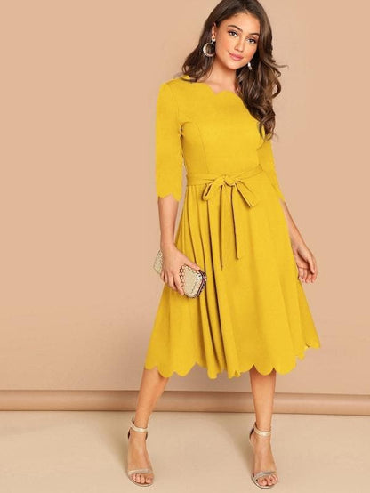 Round NeckThree Quarter Sleeve Scallop Trim  Belted Fit & Flare Dress