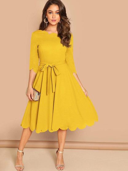 Round NeckThree Quarter Sleeve Scallop Trim  Belted Fit & Flare Dress