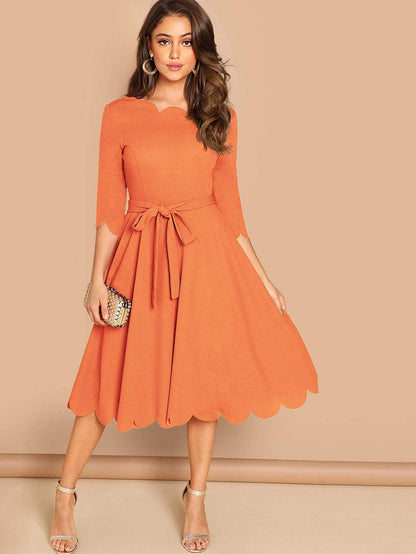 Round NeckThree Quarter Sleeve Scallop Trim  Belted Fit & Flare Dress