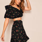 Black Asymmetrical Neck Cherry Top & Ruffle Hem Skirt Set