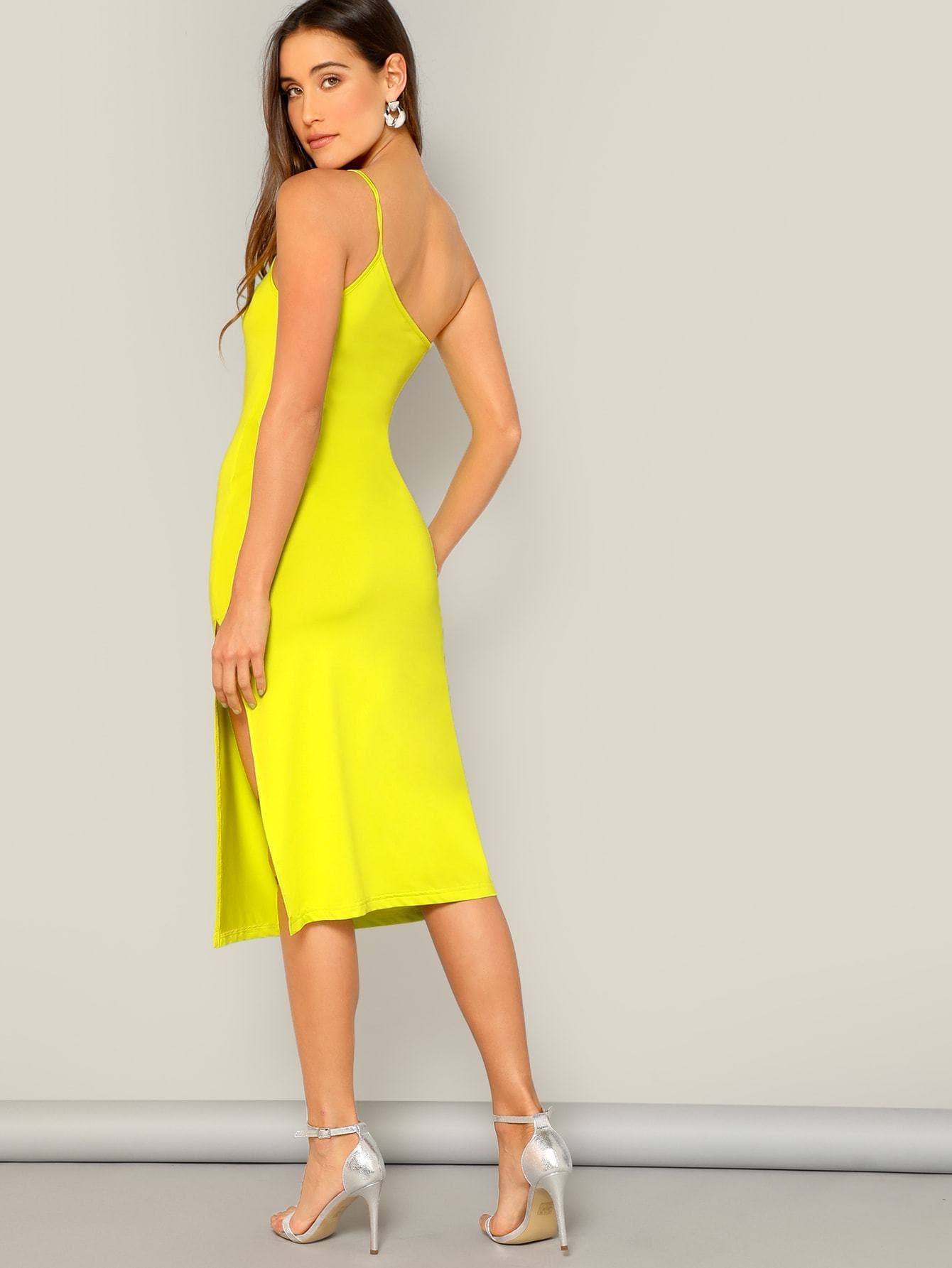 Spaghetti Strap Sleeveless Neon Yellow Split Side One Shoulder Cami Dress