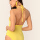 Yellow Sleeveless Backless Solid Halter Bodysuit Top