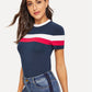 Navy Blue Short Sleeved Round Neck Colorblock Striped Ringer Top