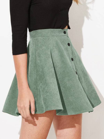 High Waist Button Up Flare Corduroy Mini Skirt