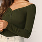 Off Shoulder Press Buttoned Front Rib-knit Bardot Tee Top
