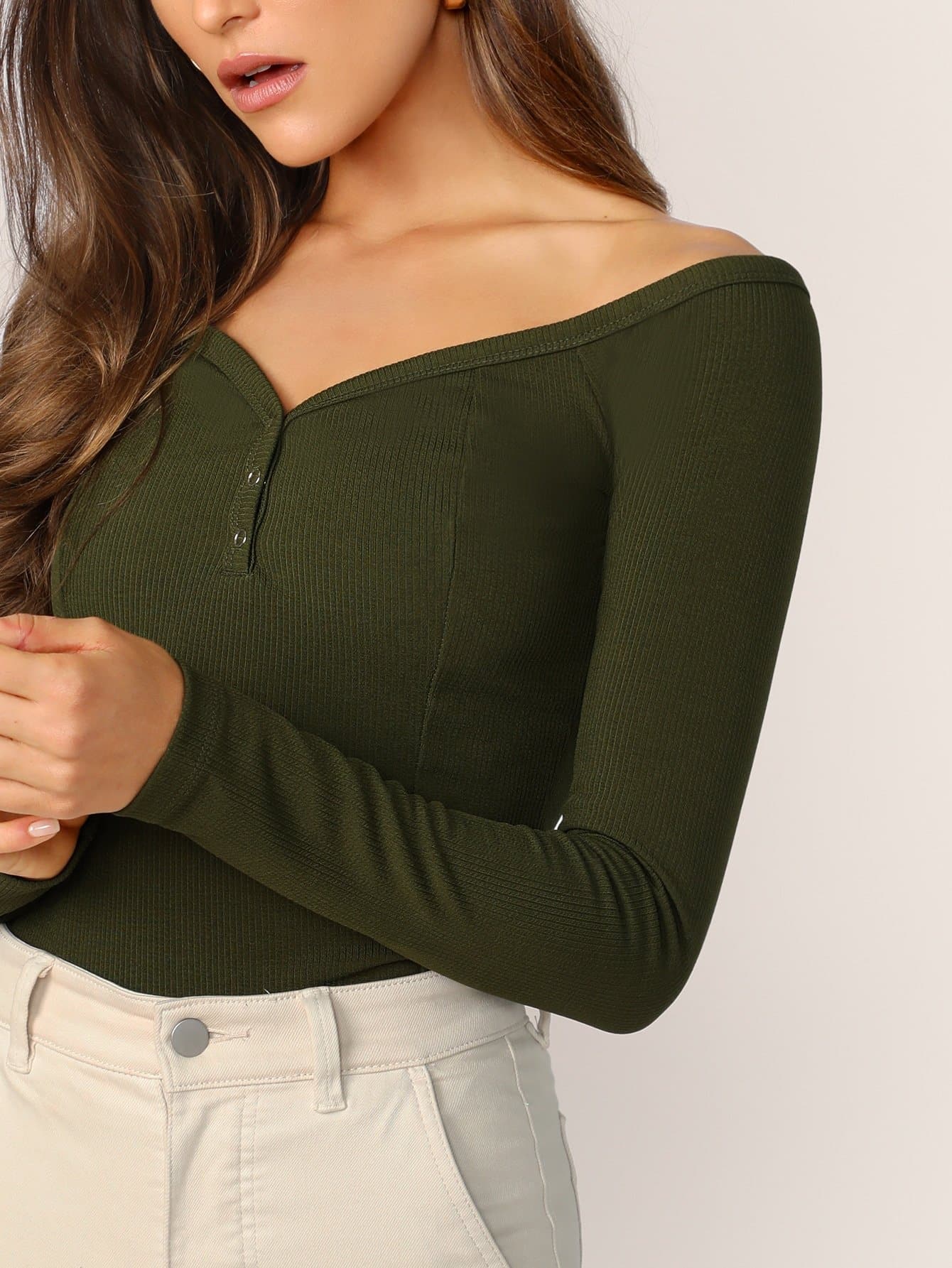 Off Shoulder Press Buttoned Front Rib-knit Bardot Tee Top