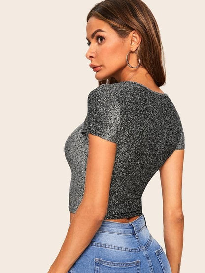 Round Neck Cap Sleeve Form Fitted Glitter Crop Top