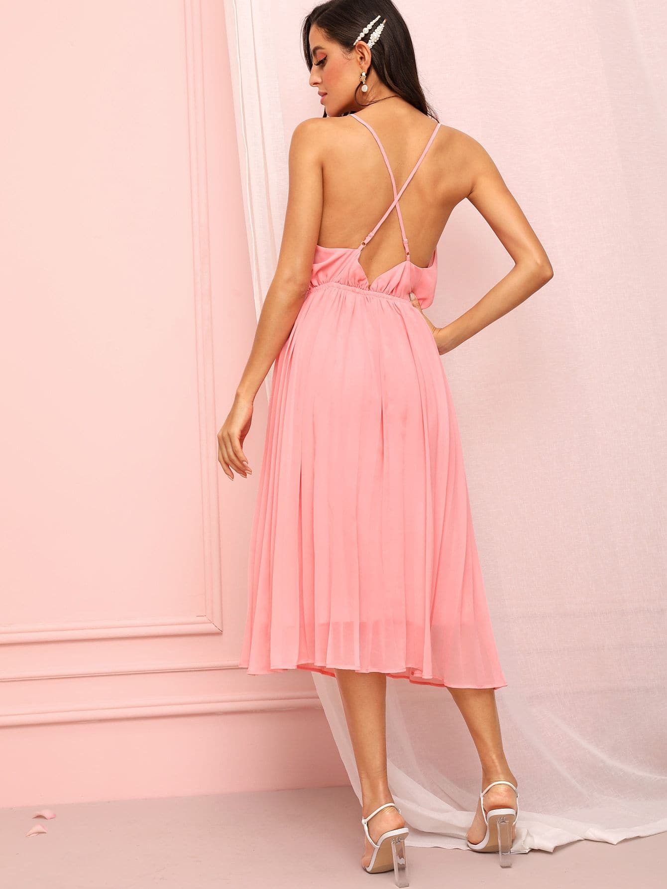 Pink Spaghetti Strap Sleeveless Surplice Front Backless Cami Dress