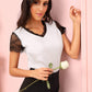White Short Sleeve Contrast Lace V-neck Top