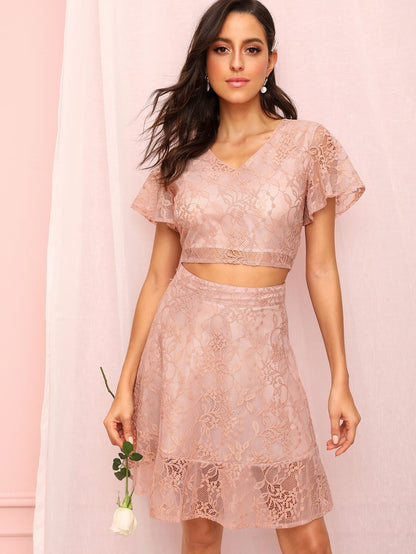 Pink V Neck Zip Back Guipure Lace Crop Top With Skirt