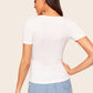White Short Sleeve V Neck Buttoned Half Placket Ruffle Trim Top