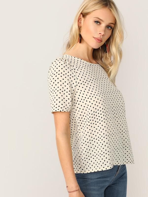 Round Neck Bow Back Heart Print Top