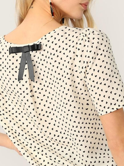 Round Neck Bow Back Heart Print Top