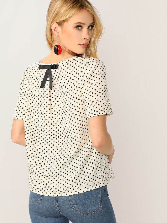 Round Neck Bow Back Heart Print Top