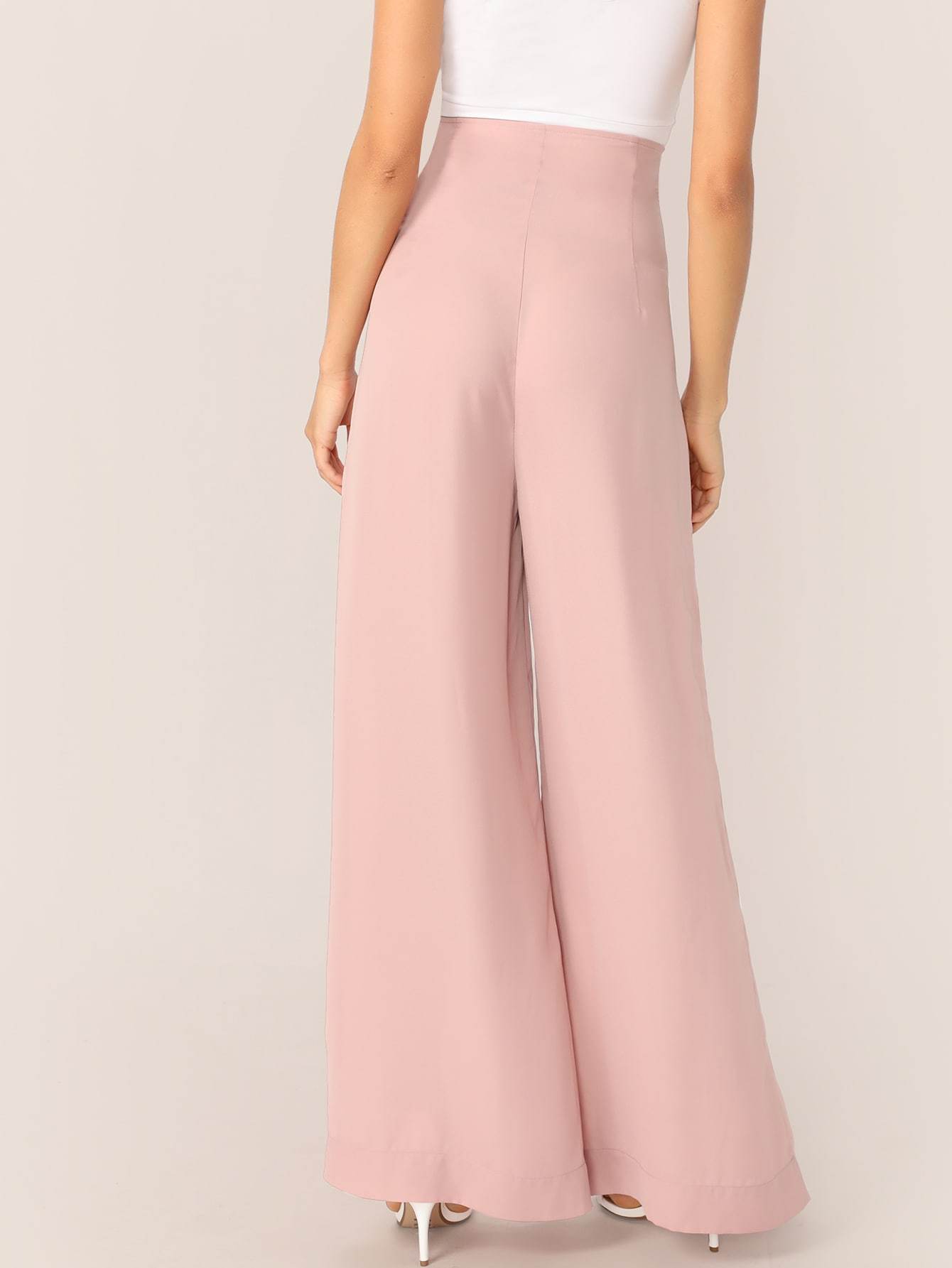 Pink Lace-up Waist Pleated Wide Leg Pants