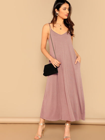 Sleeveless Spaghetti Strap Pocket Patched Swing Cami Dress