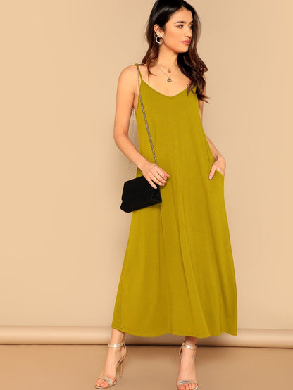 Sleeveless Spaghetti Strap Pocket Patched Swing Cami Dress