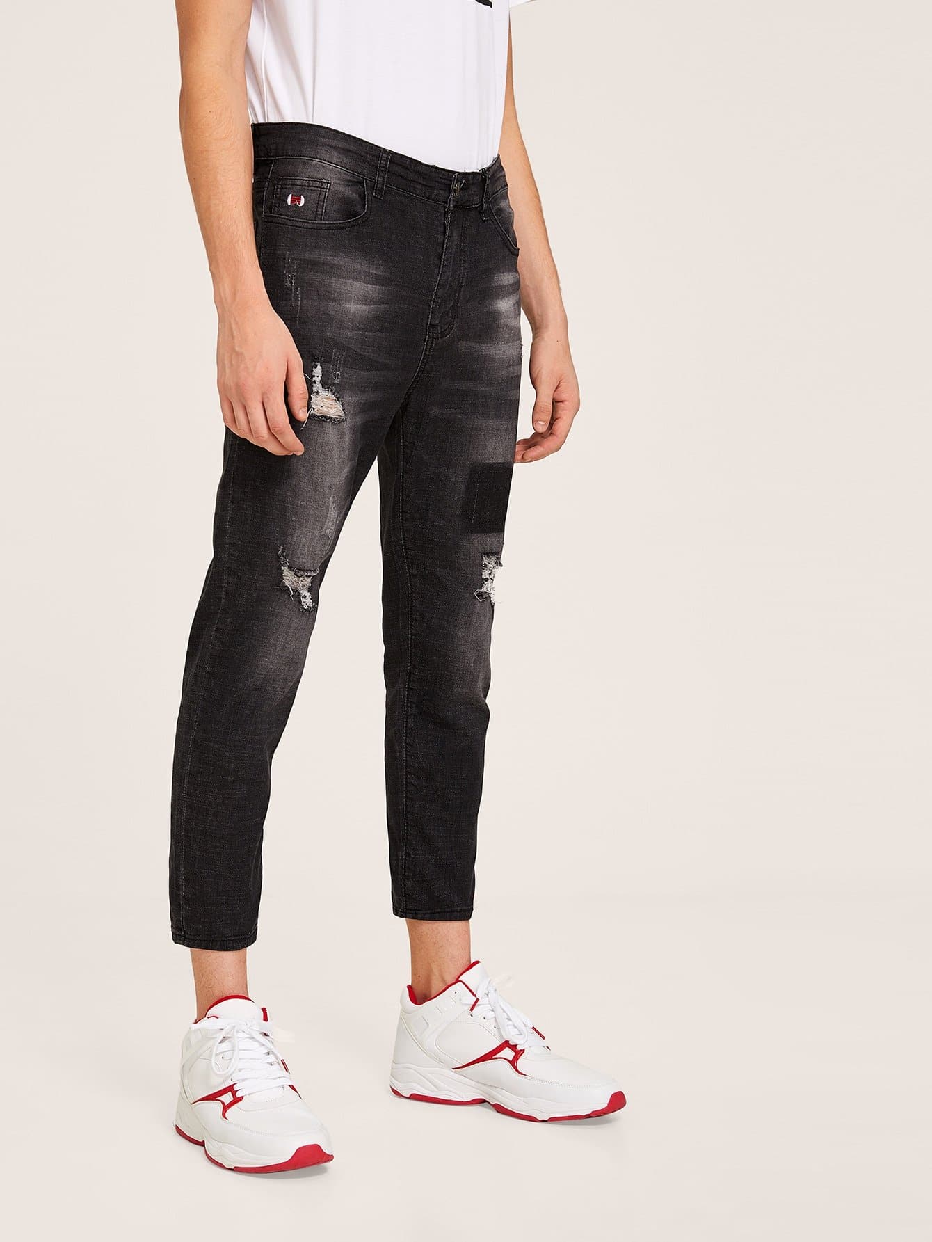 Black Straight Leg Button Fly Ripped Wash Ankle Jeans