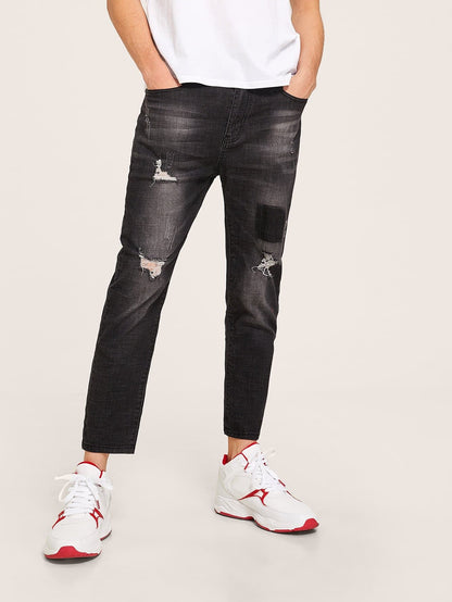 Black Straight Leg Button Fly Ripped Wash Ankle Jeans