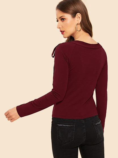 Burgundy Slim Fit Round Tie Neck Raglan Sleeve Top