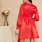 Red Plunging V Neck Wrap Front Asymmetrical Hem Satin Dress