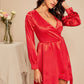 Red Plunging V Neck Wrap Front Asymmetrical Hem Satin Dress
