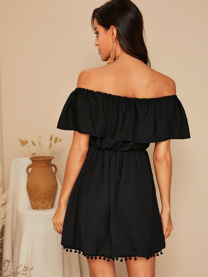 Black Flounce Off Shoulder High Waist Pom Pom Hem Dress