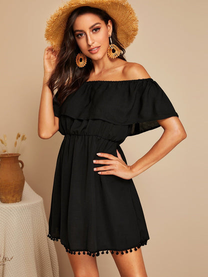 Black Flounce Off Shoulder High Waist Pom Pom Hem Dress