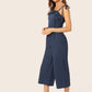 Navy Blue Spaghetti Strap Sleeveless Ruffle Foldover Culottes Jumpsuit With Tie Strappy