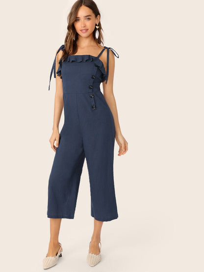 Navy Blue Spaghetti Strap Sleeveless Ruffle Foldover Culottes Jumpsuit With Tie Strappy