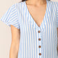 Blue V Neck Boho Single Breasted Ruffle Hem Striped Dress
