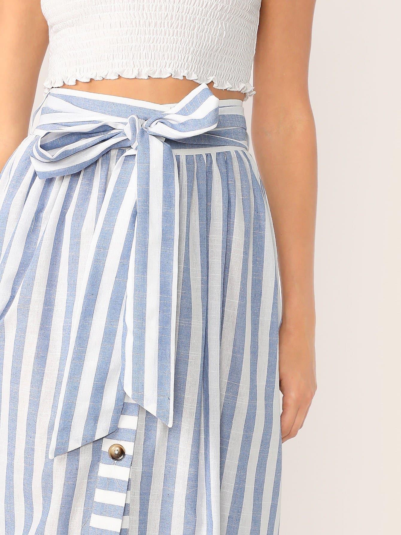 Blue High Waist Buttoned Split Front Belted Striped Skirt