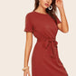 Rust Round Neck Button Front Rolled Cuff Rib-knit Belted Dress