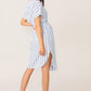 Blue V Neck Boho Curved Hem Striped Belted Shirt Dress
