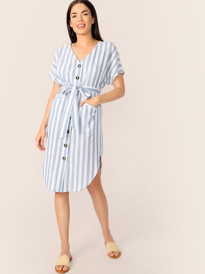Blue V Neck Boho Curved Hem Striped Belted Shirt Dress