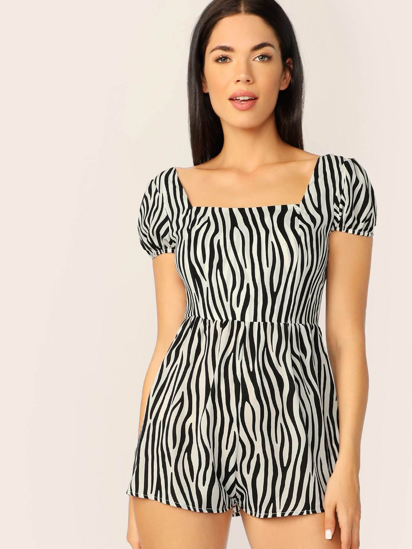 Black and White Square Neck Zip Back Backless Puff Sleeve Zebra Pattern Romper