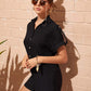 Black Mid Waist Button Front Roll Up Sleeve Romper