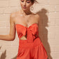 Orange Knot Front Shirred Tube Top With Shorts