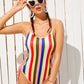 Spaghetti Strap Sleeveless Lace Up Side Colorful Striped Cami Bodysuit