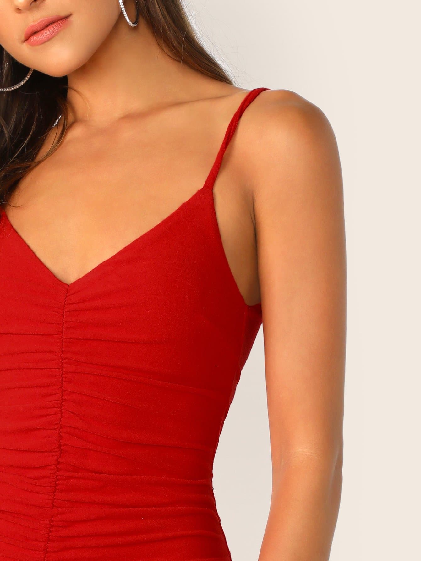 Red Spaghetti Strap Sleeveless Solid Ruched Bodycon Slip Dress