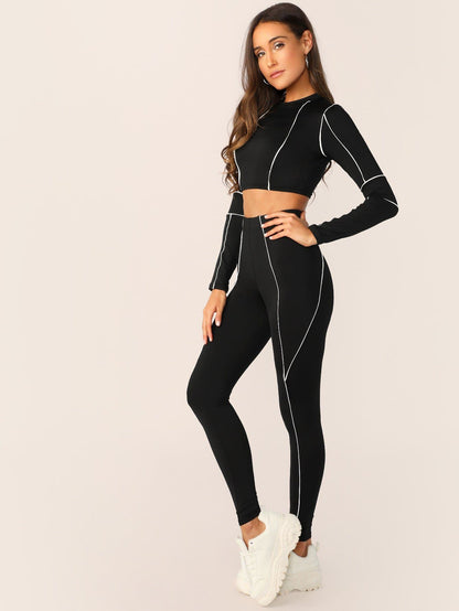Black and White Contrast Trim Stretch Crop Top And Leggings Set