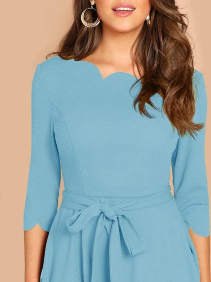Round NeckThree Quarter Sleeve Scallop Trim  Belted Fit & Flare Dress